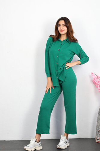 Apoletli Fitilli Zümrüt Yeşili Kadın Gömlek Takım - Thumbnail