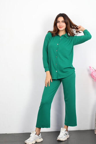 Berox - Apoletli Fitilli Zümrüt Yeşili Kadın Gömlek Takım (1)