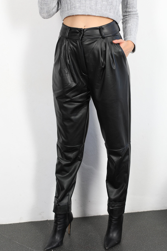 Berox - Apoletli- Pensli Siyah Kadın Deri Pantolon (1)