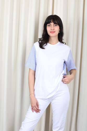 Berox - Arka Ve Kol Çizgili Beyaz Kadın T-Shirt