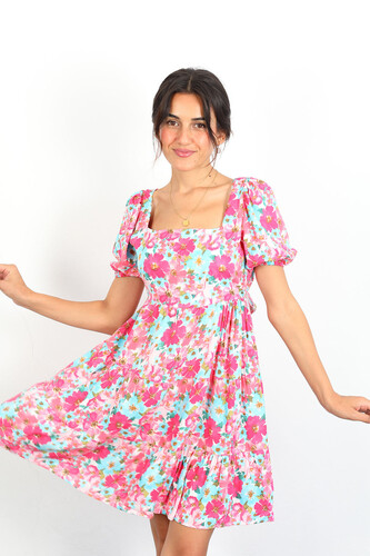 Berox - Arkası Bağlamalı Çiçek Desenli Kadın Pembe Elbise (1)