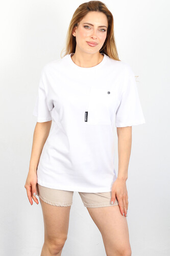 Armalı Cepli Beyaz Kadın T-shirt - Thumbnail