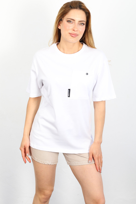Berox - Armalı Cepli Beyaz Kadın T-shirt (1)
