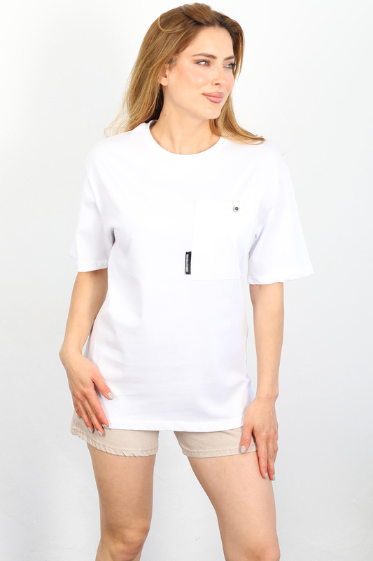 Berox - Armalı Cepli Beyaz Kadın T-shirt
