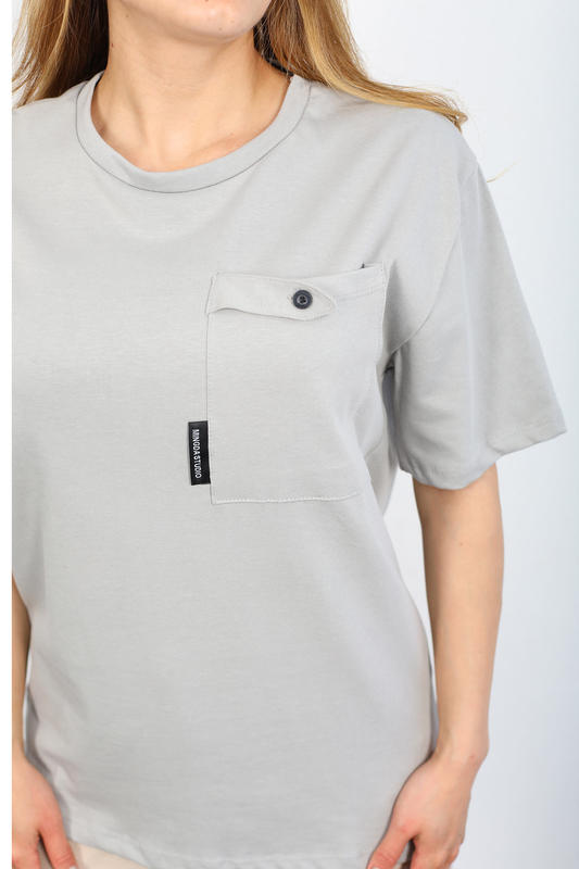 Berox - Armalı Cepli Gri Kadın T-shirt (1)