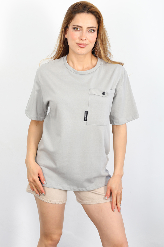 Berox - Armalı Cepli Gri Kadın T-shirt