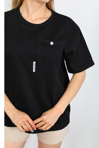 Armalı Cepli Siyah Kadın T-shirt - Thumbnail