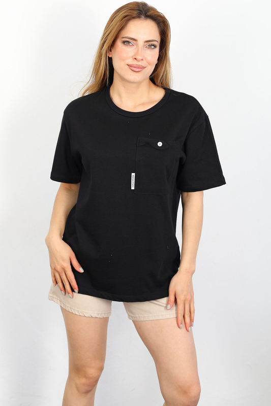 Berox - Armalı Cepli Siyah Kadın T-shirt