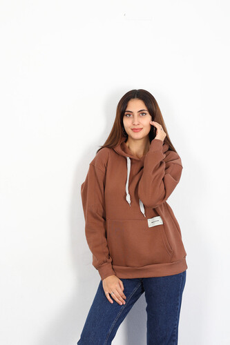 Berox - Armalı Kanguru Cepli Kapüşonlu Kahverengi Kadın Sweatshirt (1)