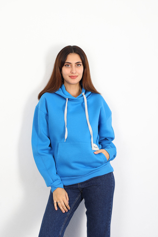 Berox - Armalı Kanguru Cepli Kapüşonlu Mavi Kadın Sweatshirt