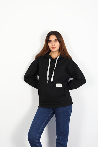 Berox - Armalı Kanguru Cepli Kapüşonlu Siyah Kadın Sweatshirt