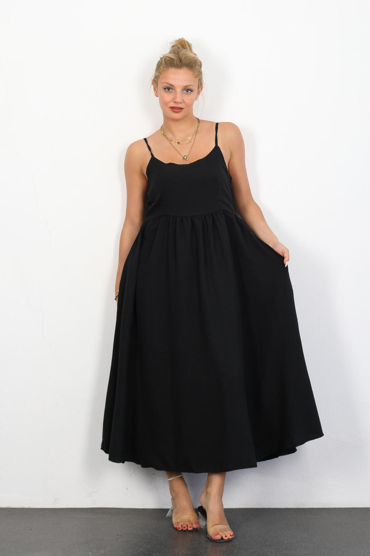 Berox - Askılı Cepli Midi Siyah Kadın Bebe Plus Elbise