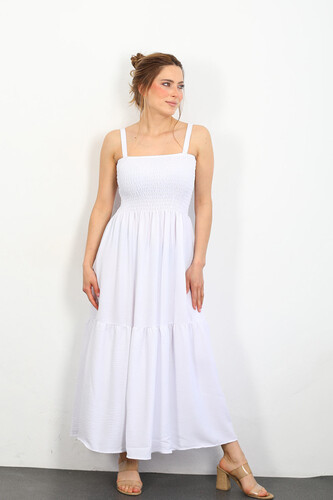 Berox - Askılı Göğüs Gipeli Kadın Beyaz Ayrobin Elbise