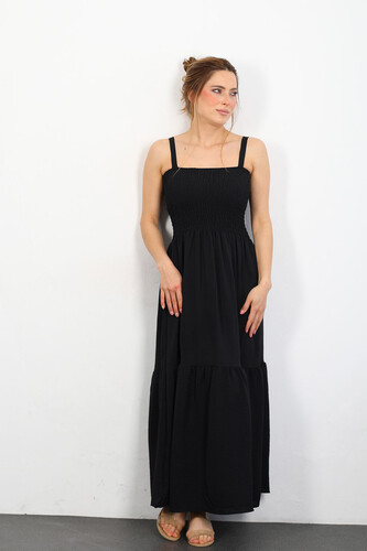Berox - Askılı Göğüs Gipeli Kadın Siyah Ayrobin Elbise