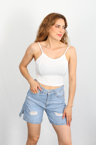 Berox - Askılı İncili Beyaz Kadın Crop Top (1)