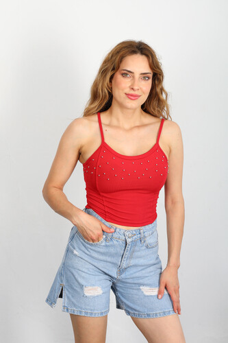 Berox - Askılı İncili Kırmızı Kadın Crop Top