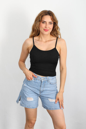 Berox - Askılı İncili Siyah Kadın Crop Top