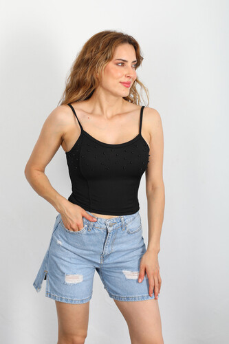 Berox - Askılı İncili Siyah Kadın Crop Top (1)