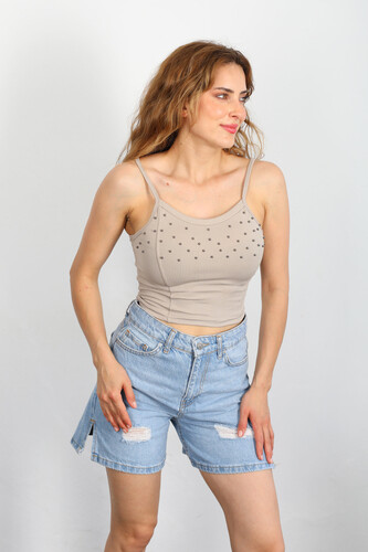 Berox - Askılı İncili Vizon Kadın Crop Top (1)