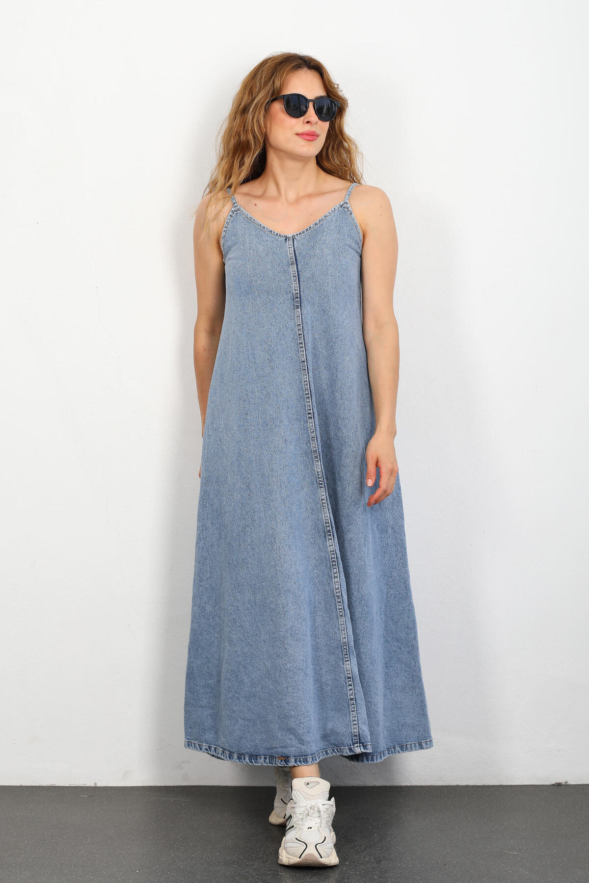 Berox - Askılı Karyıkama Mavi Kadın Uzun Kadın Kot Elbise