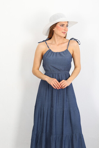 Berox - Askılı Volanlı Kadın İndigo Gofre Elbise (1)
