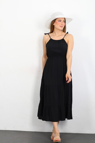 Berox - Askılı Volanlı Kadın Siyah Gofre Elbise (1)