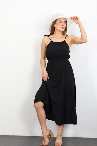 Berox - Askılı Volanlı Kadın Siyah Gofre Elbise