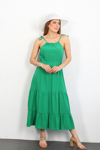 Berox - Askılı Volanlı Kadın Yeşil Gofre Elbise (1)