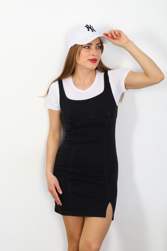 Berox - Askılı Yırtmaçlı Siyah Kadın Mini Kot Elbise