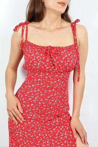 Berox - Askısı Bağalamalı Yırtmaçlı Çiçek Desenli Kırmızı Kadın Elbise (1)