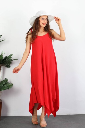 Berox - Askısı Bağlamalı Asimetrik Kırmızı Kadın Elbise (1)