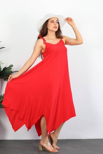 Berox - Askısı Bağlamalı Asimetrik Kırmızı Kadın Elbise