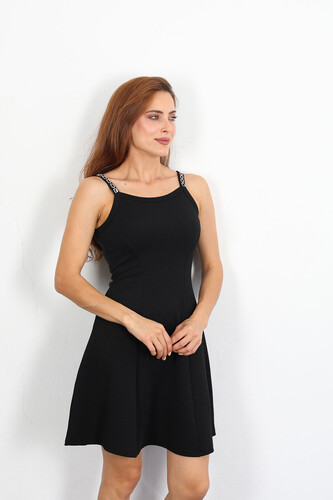Berox - Askısı Zincir Detaylı Kadın Siyah Elbise (1)
