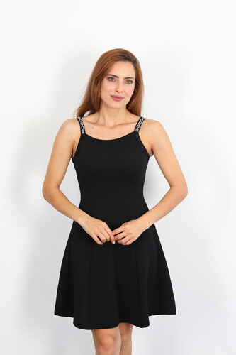 Berox - Askısı Zincir Detaylı Kadın Siyah Elbise