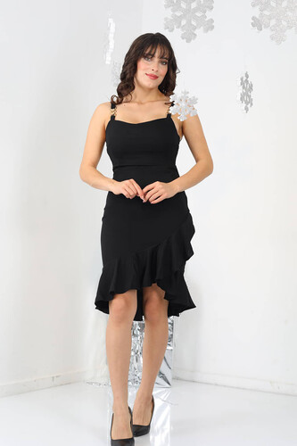Berox - Askısı Zincir Detaylı Volanlı Örme Siyah Kadın Dabil Elbise (1)