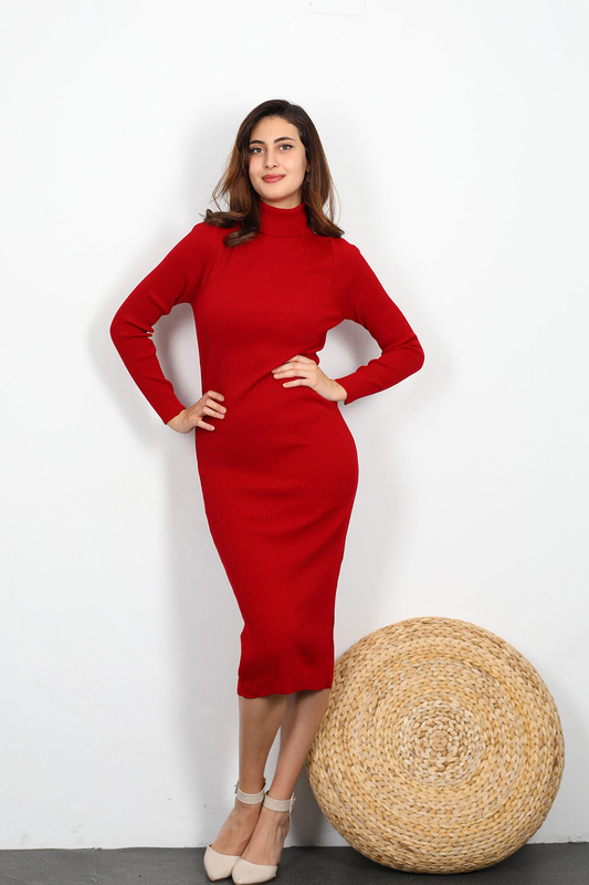Berox - Balıkçı Yaka Kadın Kırmızı Uzun Triko Elbise (1)