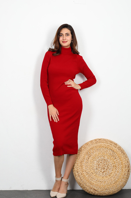 Berox - Balıkçı Yaka Kadın Kırmızı Uzun Triko Elbise