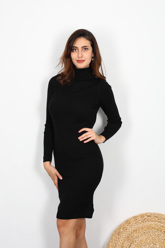Berox - Balıkçı Yaka Kadın Siyah Triko Elbise (1)