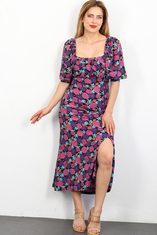 Berox - Balon Kol Kadın Mor Çiçekli Yırtmaçlı Krep Elbise
