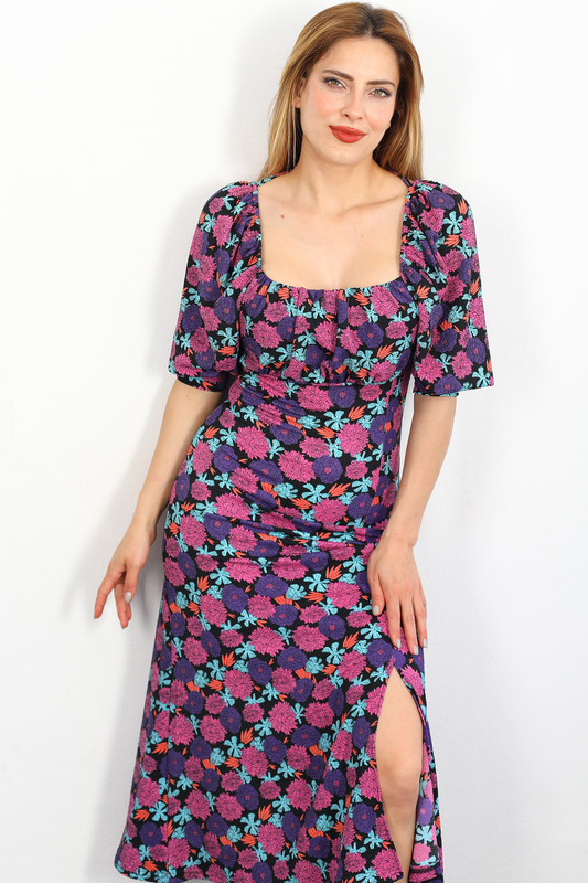 Berox - Balon Kol Kadın Mor Çiçekli Yırtmaçlı Krep Elbise (1)