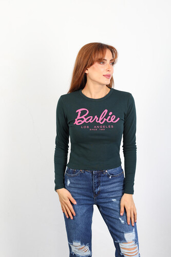 Berox - Barbi Baskılı Bisiklet Yaka Kadın Antrasit Bluz