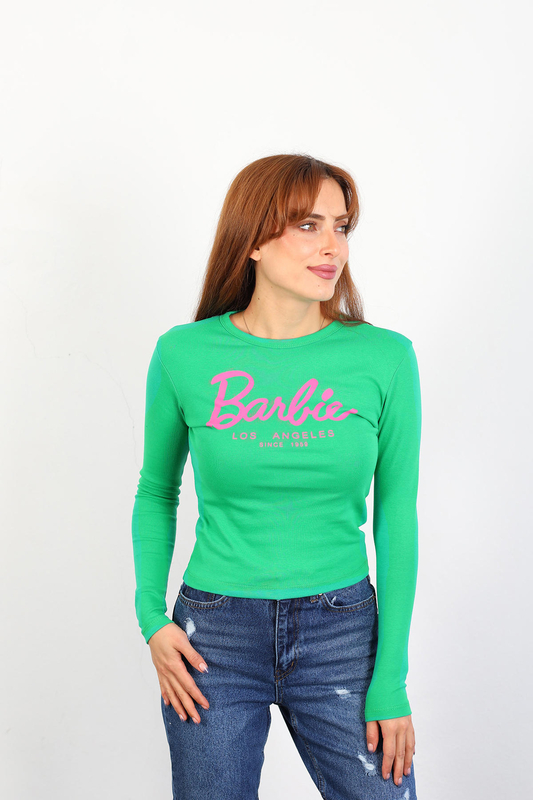 Berox - Barbi Baskılı Bisiklet Yaka Kadın Yeşil Bluz