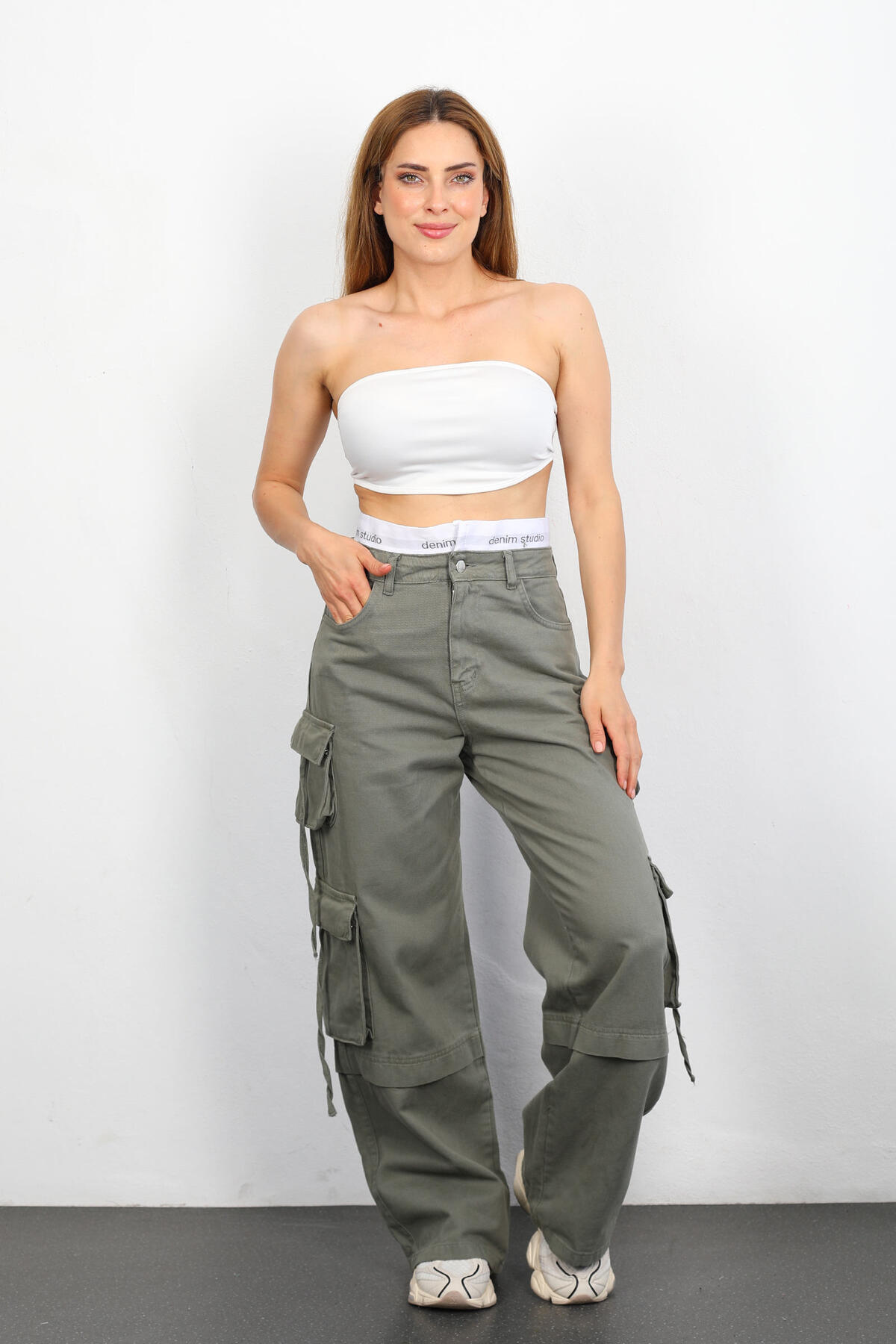 Berox - Bel Lastik Ve Yazılı Kargo Cepli Haki Kadın Baggy Pantolon