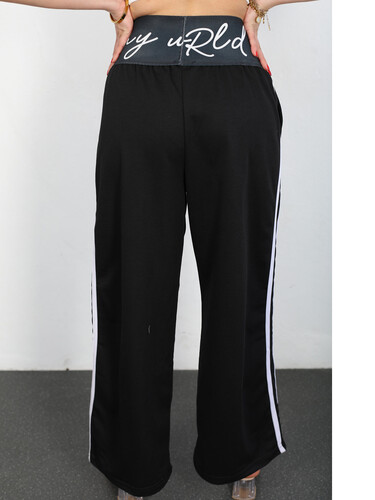 Bel Lastikli Yazılı Yanı Şeritli Kadın Siyah Bol Paça Pantolon - Thumbnail