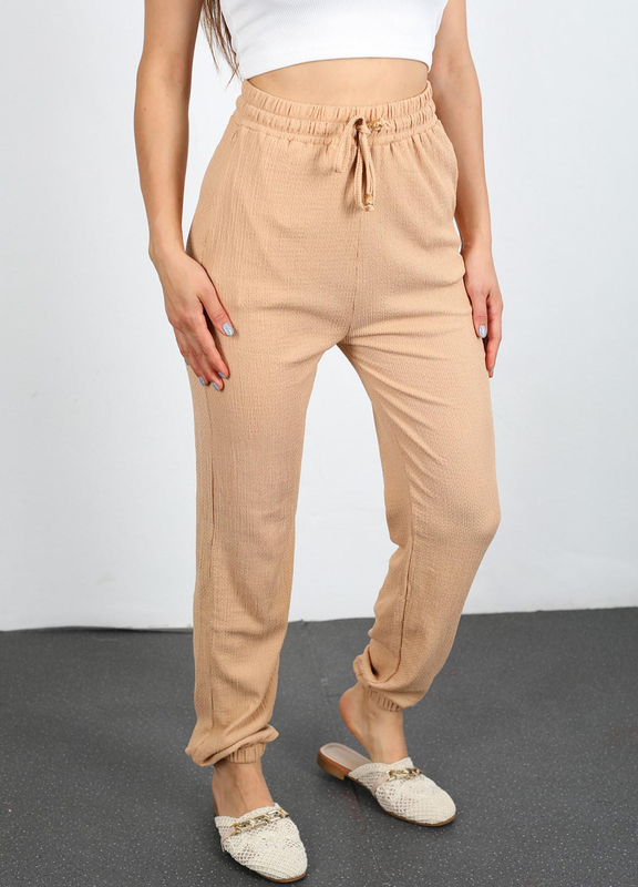 Berox - Bel Paça Lastikli Gofre Taş Rengi Kadın Pantolon (1)