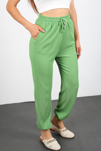 Bel Paça Lastikli Gofre Yeşil Kadın Pantolon - Thumbnail
