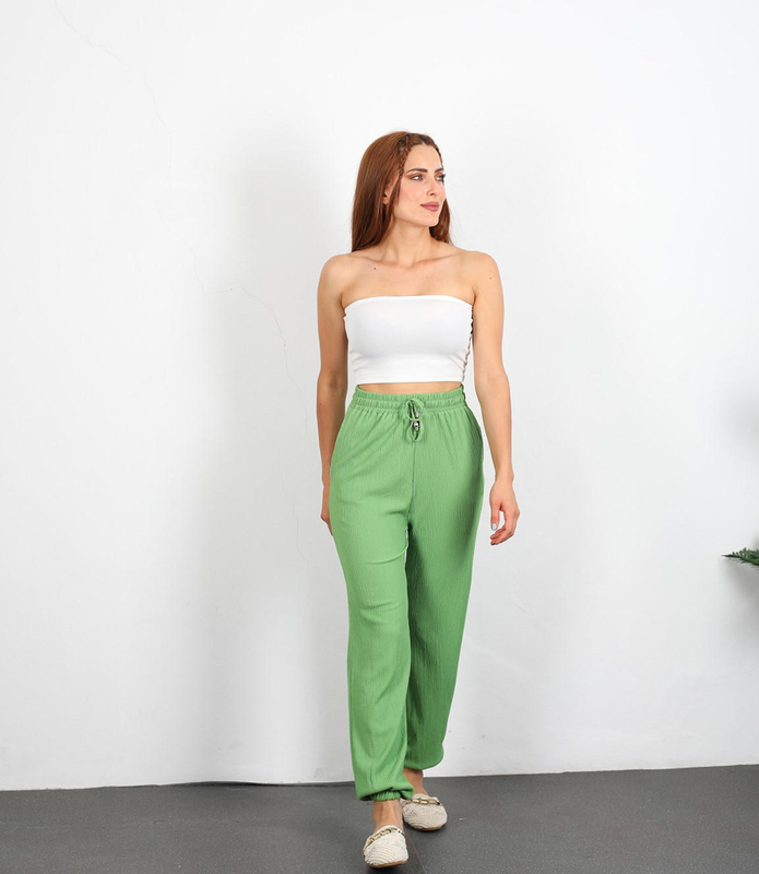 Berox - Bel Paça Lastikli Gofre Yeşil Kadın Pantolon