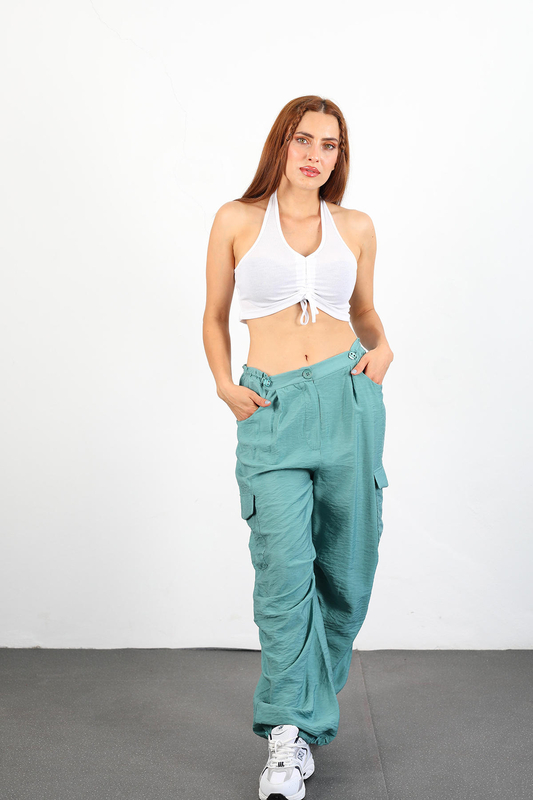 Berox - Belden Ayarlanabilir Kargo Cepli Mint Yeşili Kadın Paraşüt Pantolon