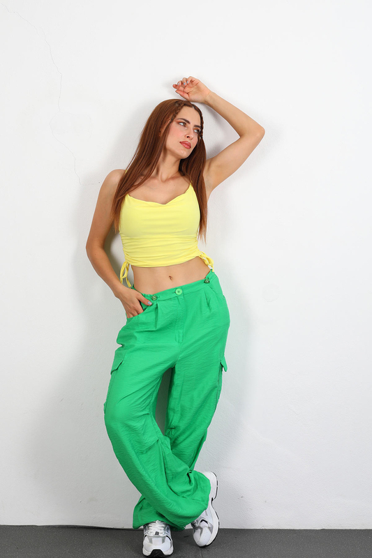 Berox - Belden Ayarlanabilir Kargo Cepli Yeşil Kadın Paraşüt Pantolon