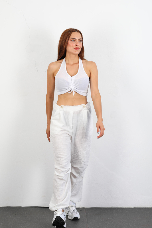 Berox - Belden Ayarlanabilir Tactical Keten Beyaz Kadın Pantolon